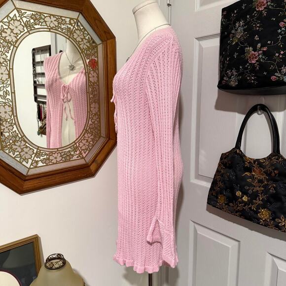 VTG Y2K Its Our Time Light Pink Open Knit Crochet Tie Front Duster Cardigan S - Picture 4 of 8